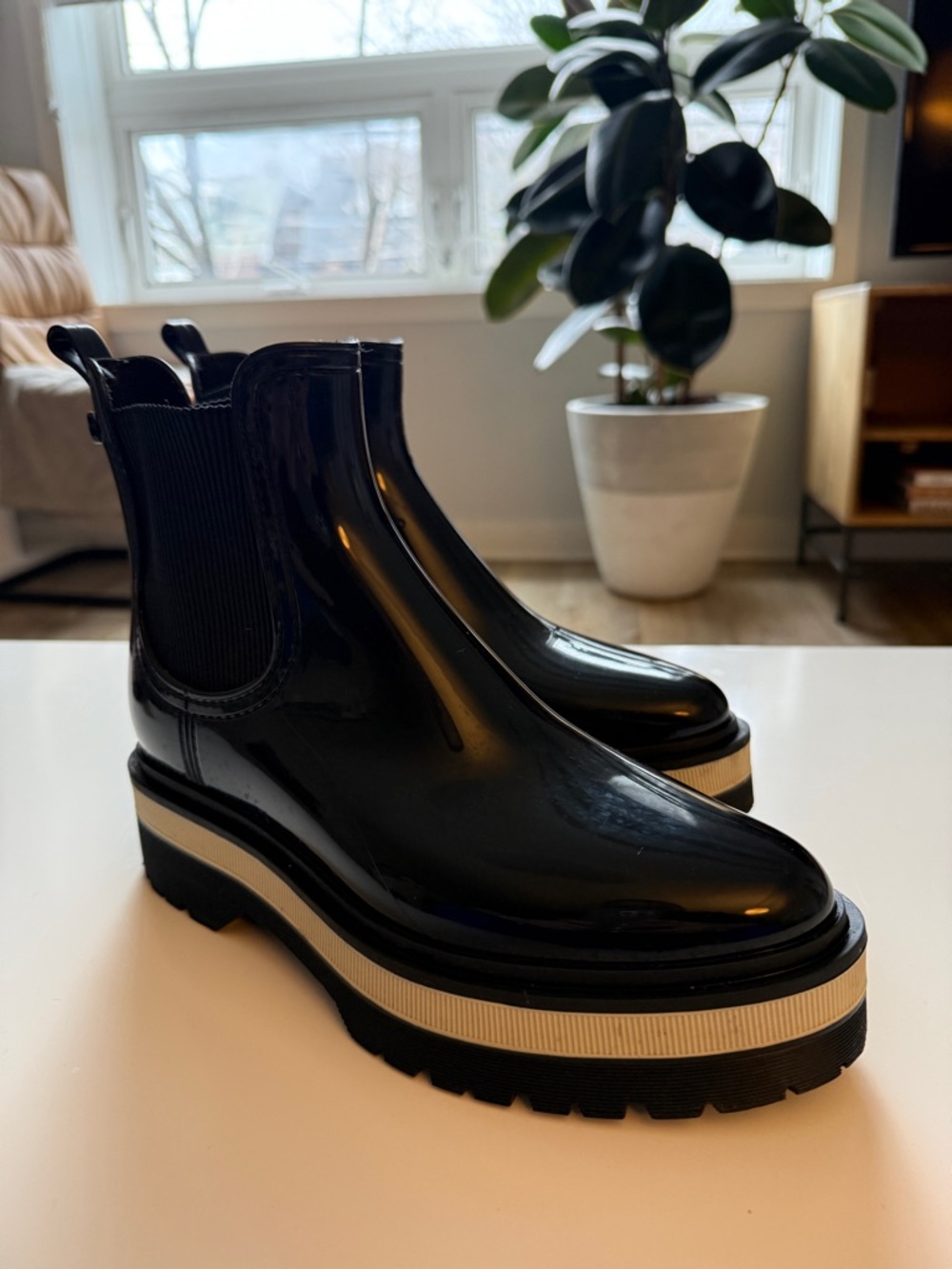 Women's Black Gloss Chelsea Platform Rain Booties